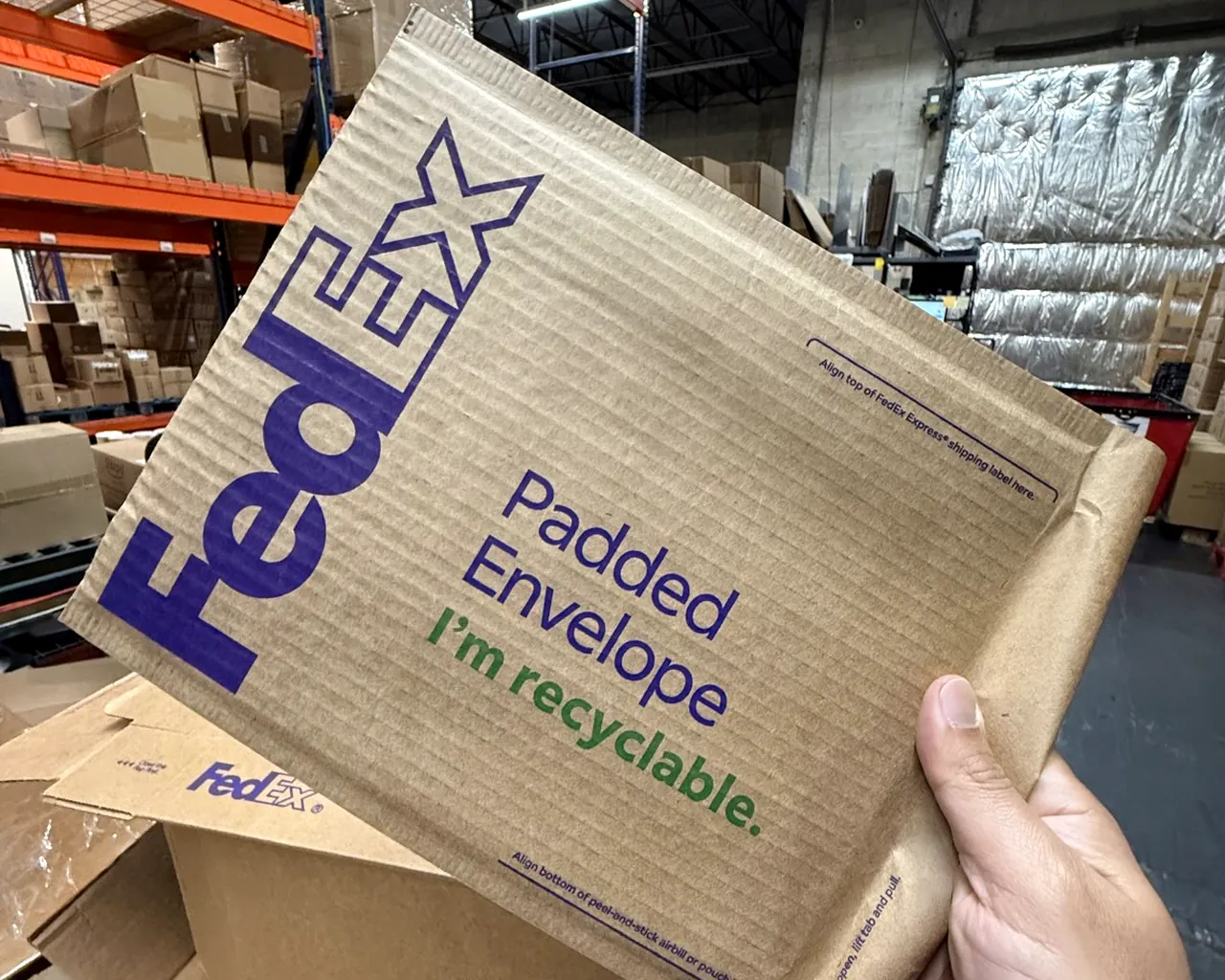 FedEx One Rate padded envelope at the Marcana 3PL Miami warehouse
